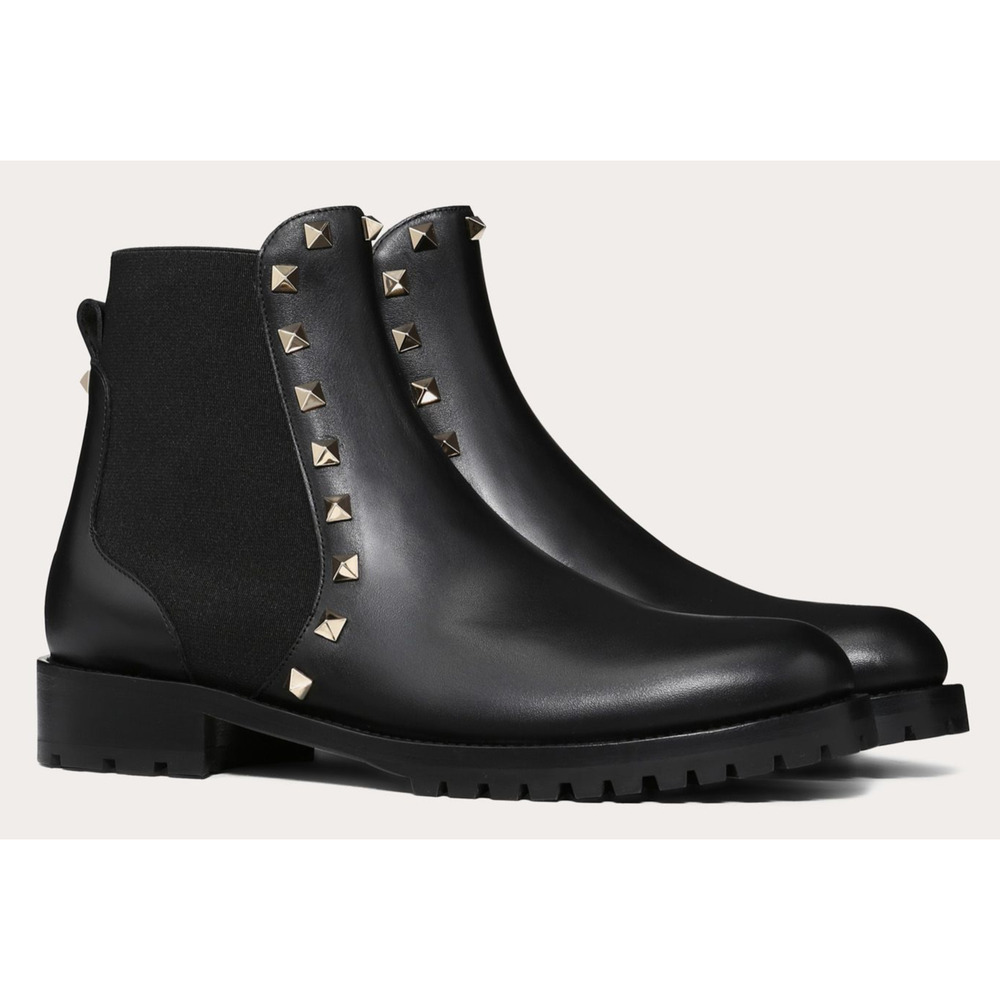 Valentino Rockstud Chelsea 20mm Black Leather Stud Heel Short Ankle Flat Boot 37 - Picture 5 of 12